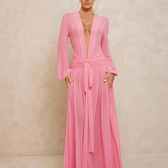 MODA ME COUTURE Dresses & Skirts - Pink Sexy Women's Extra Long Sheer V-Neck Puff Sleeves Dress